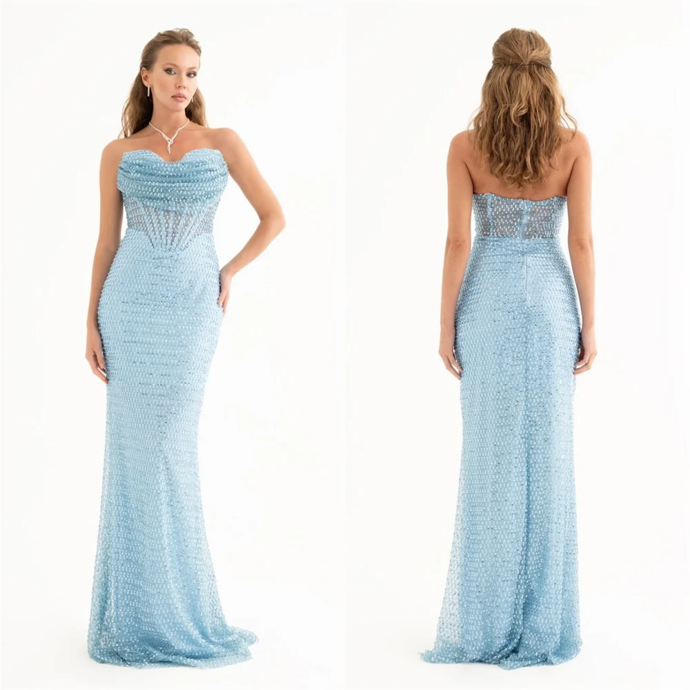 

Evening Gown Prom Saudi Arabia Dearin Strapless Column Floor Length Open Back Tulle Vertically Sleeveless Bespoke Occasion Dress