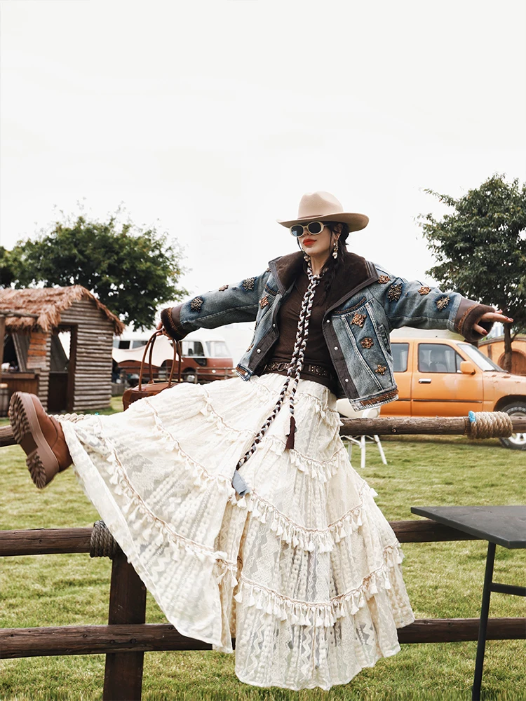 

TIYIHAILEY Long Maxi Skirt for Women BeigeEmbroidery Cake Ladies Elastic Waist Spring Autumn New Fashion 2025 Tassels M-L