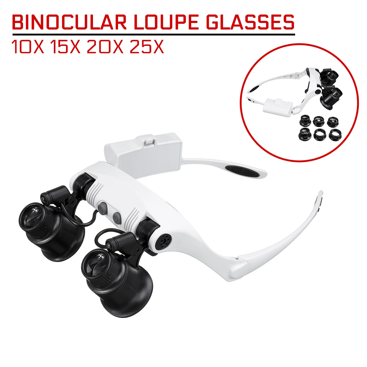 

Magnifier 10X 15X 20X 25X LED Double Eye Glasses Loupe Lens with 8 Lens LED Lamp Professional Jeweler Watch Repair Measurement