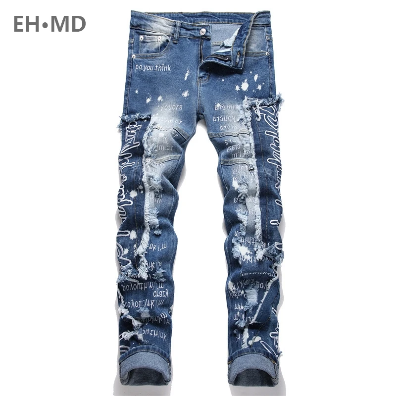 

EH · MD Spliced Jeans Men's Embroidery English High Elastic Small Feet Pants Worn Down Wool 3D Printing Zipper Slim Fit Gradient