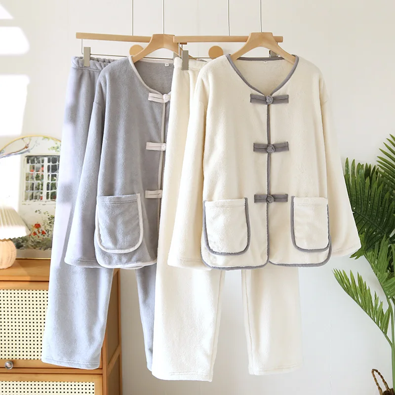 

New Chinese Style Fleece Long Sleeved Pants Women's Sleepwear Home Clothing Set Flannel Women Loungewear Fashion Set