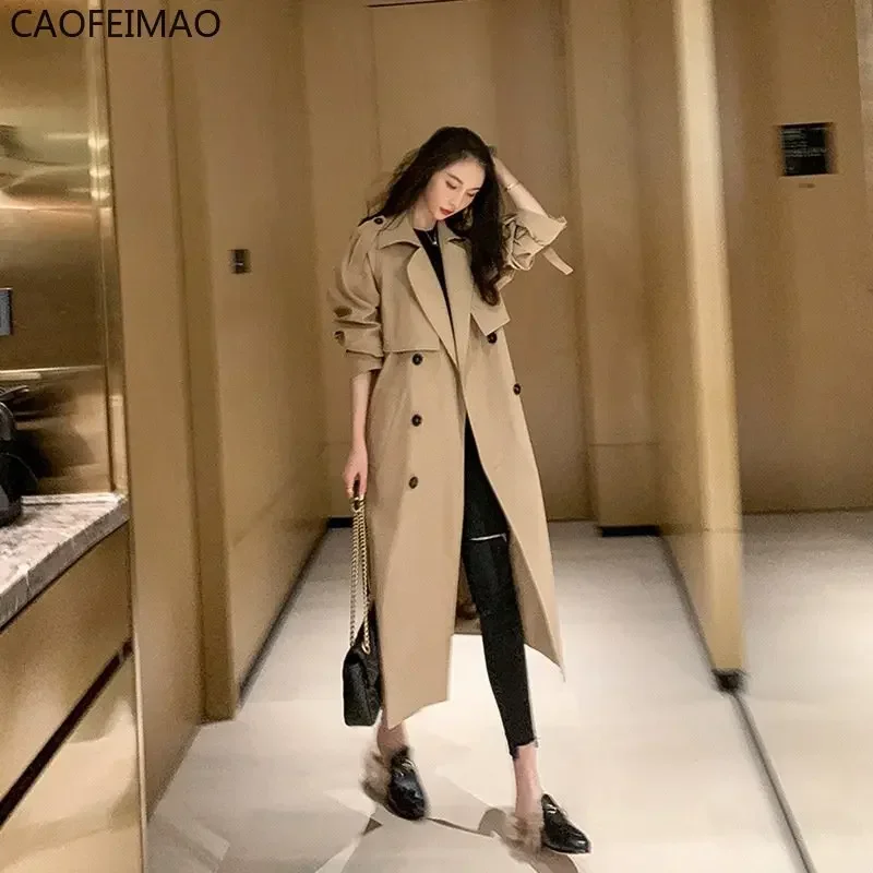 

Womens Autumn Classic Solid Color Double Breasted Long Trench Jacket with Belt Female Lapels Windbreaker Winter Coat for Women