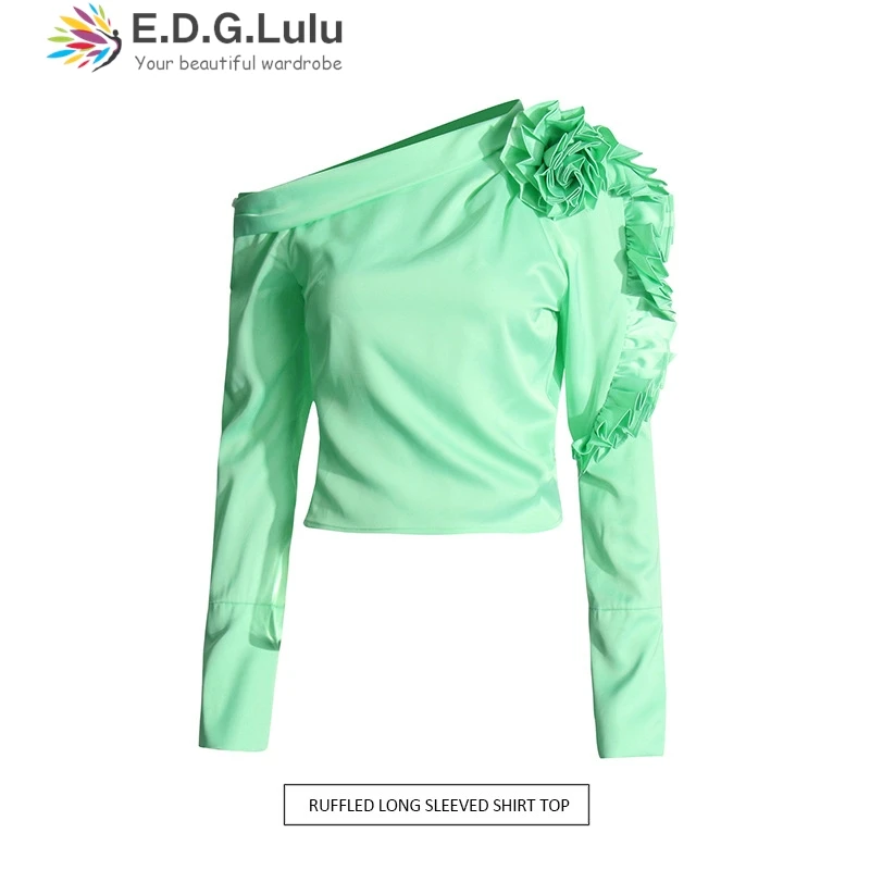 

EDGLuLu Asymmetric Collar Off Shoulder Three-Dimensional Floral Long Sleeved T-Shirt Women's Elegant New 2024 Green Top 0827