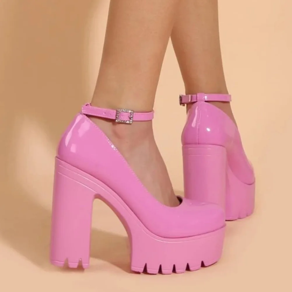 Chunky Heeled Ankle Strap Pumps Sweet Platform Pink Square Heel Woman High Heels Pumps Platform Shoes 2022, Spring Woman Shoes