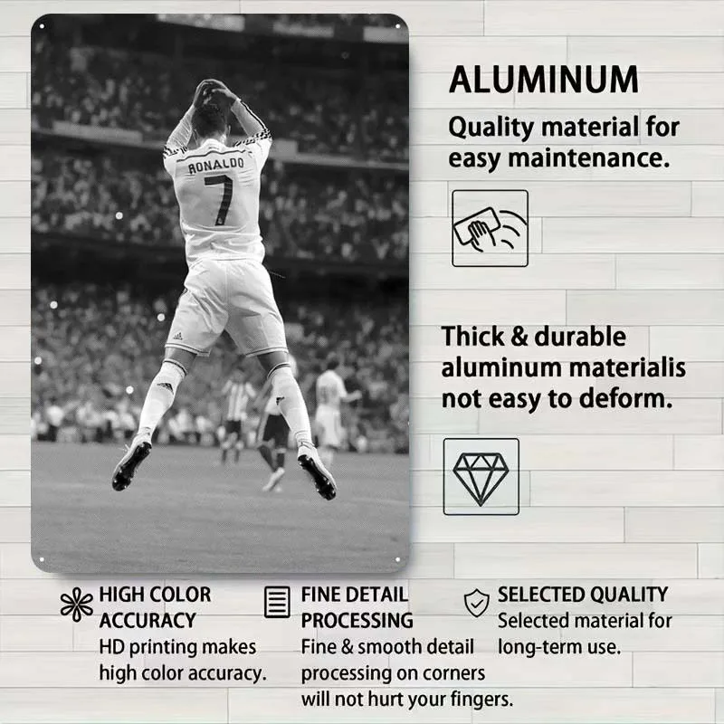 Ronaldo Black White Tinplate Sign Sports Poster Home Decoration Accessories Metal Sign Plaque for Wall Art Decoration Retro Room