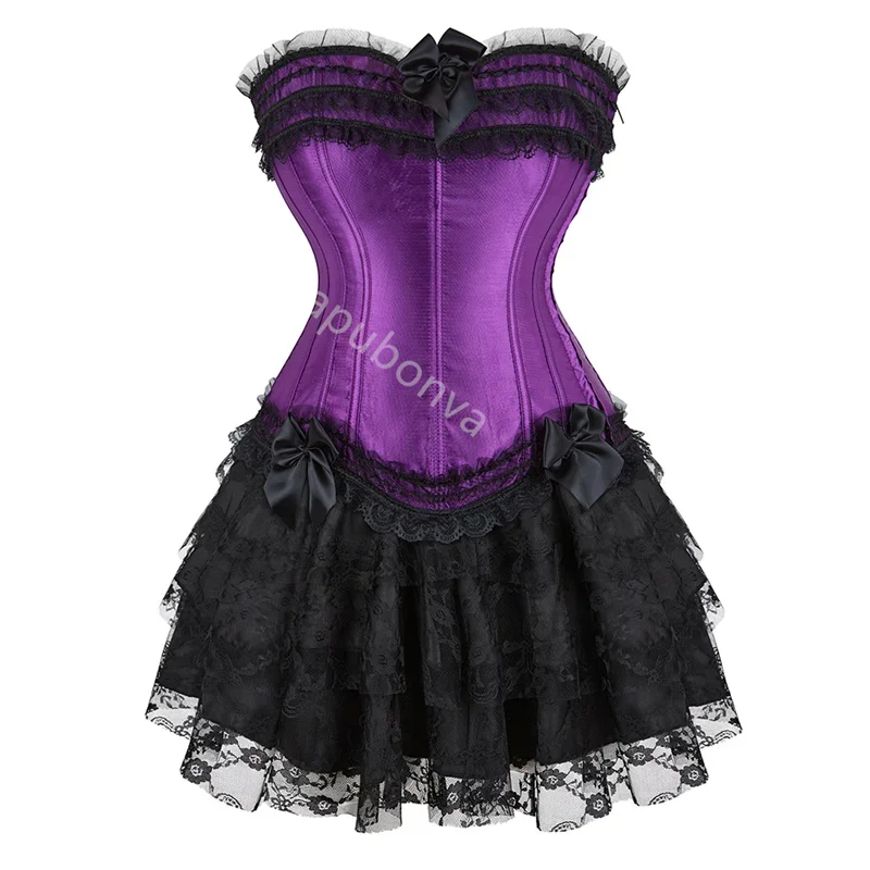 

Sapubonva Purple Corset Dress Plus Size Sexy Overbust Bustier Tutu Skirt Victorian Burlesque Gothic Exotic Lingerie Halloween