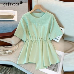 Women Stylish Lace Up Patchwork Elegant Blouses Summer O Neck Short Sleeve Chic Shirts Casual Solid Slim Asymmetrical Tunic Tops