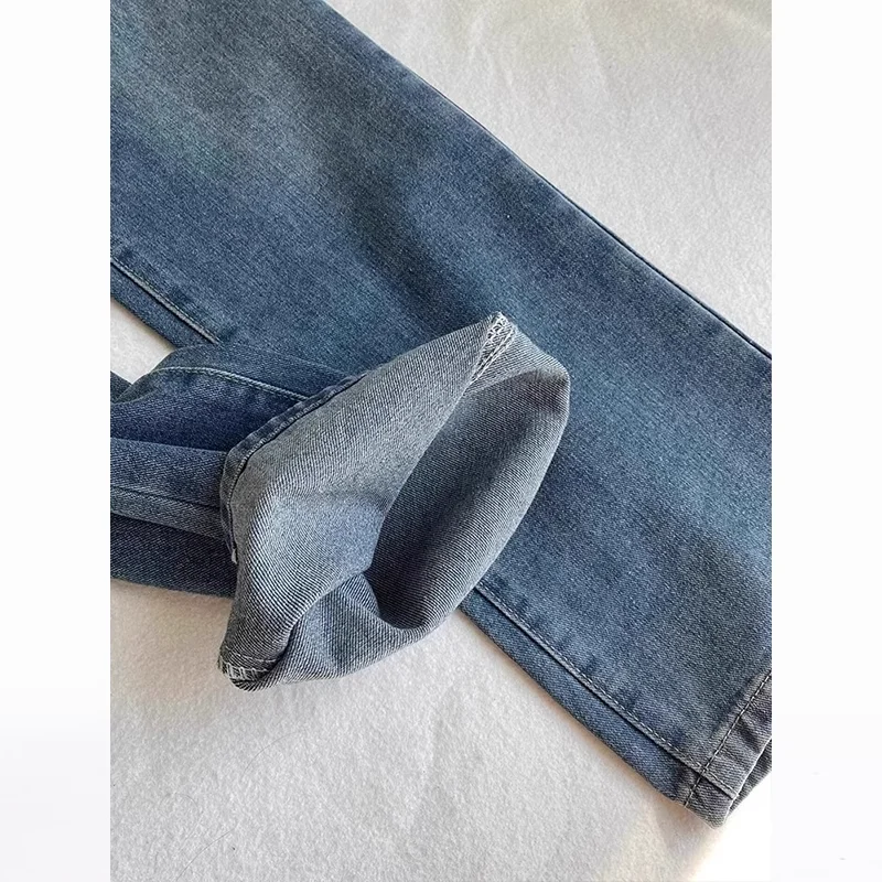 Damskie jeansy vintage z wysokim stanem, szerokimi nogawkami, prostym krojem, dopasowane, luźne, z podwójnymi kieszeniami, długie do podłogi, w kolorze niebieskim.