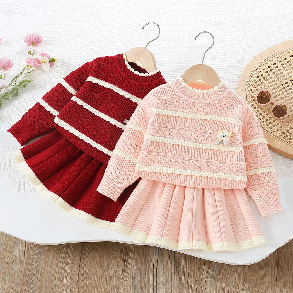 

Girls Dress Clothes Sets Autumn Winter Children Woolen Jersey Sweaters Tops Skirts Kids Princess Suit For Baby Knitted Outfits 3