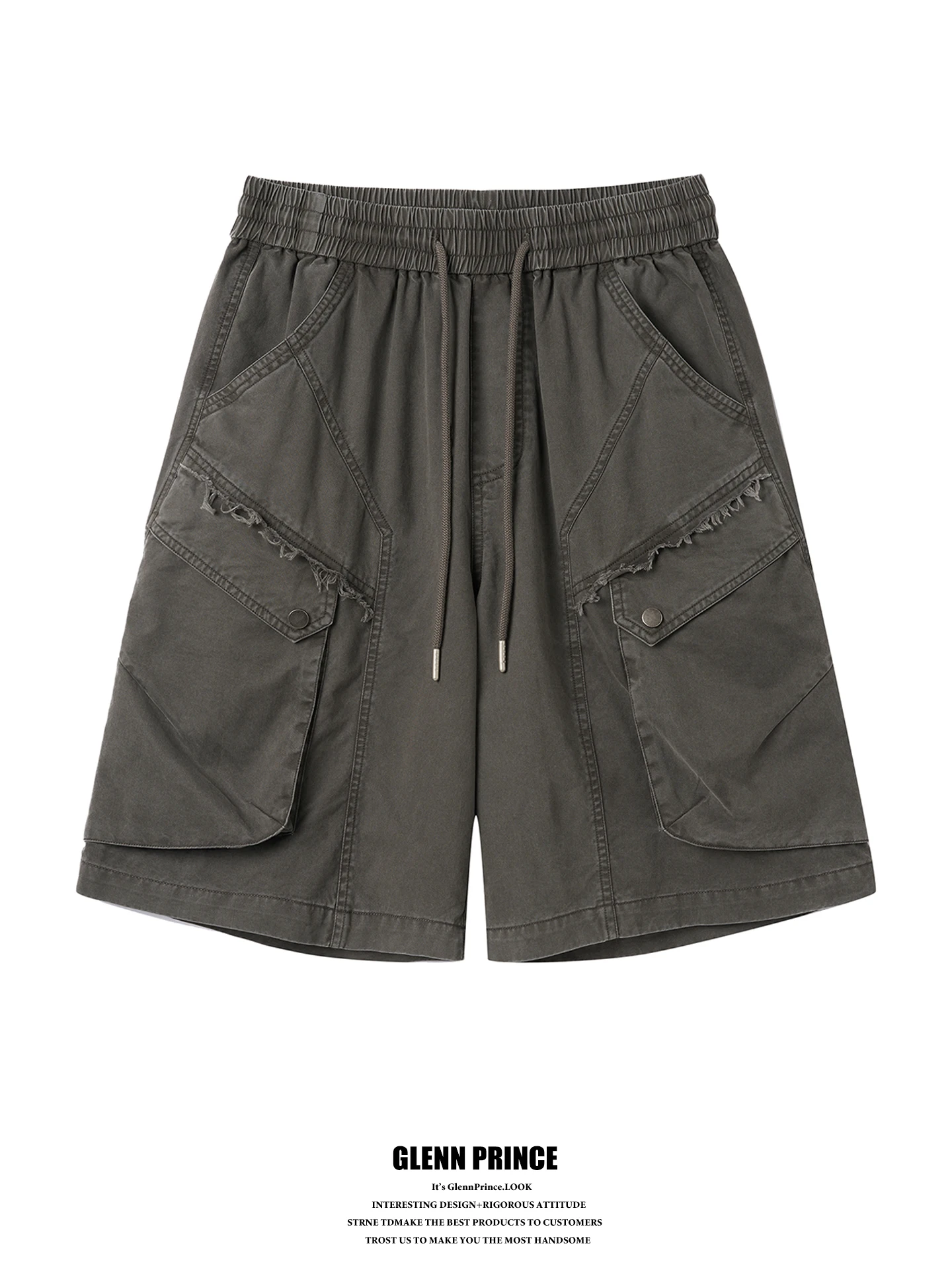 GPstudio American Retro Washed Frayed Pocket Work Shorts Men Summer Loose Street Cool Five-Quarter Pants Cotton Straight Leg
