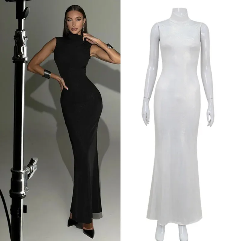 

Elegant Women Solid Sleeveless High Neck Maxi Dress Slim Fit Mermaid Hem Long Bodycon Evening Gown For Party Prom Cocktail Event