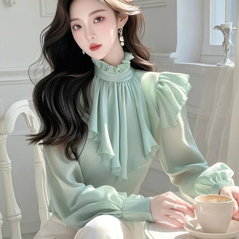 2025 Spring New Temperament Satin Top Tee Ladies Fashionable Ruffles Pleated Solid Color Turtleneck Long Sleeve Women's Shirt