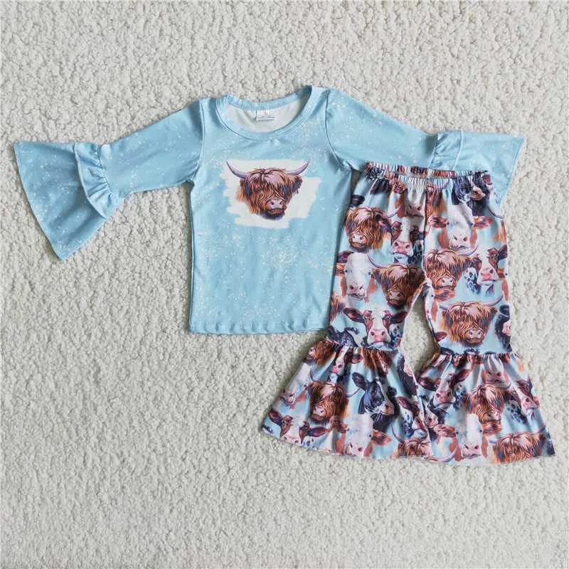 

New Spring Fashion Kids Bull Tau Blue Long Sleeve Top Tau Flared Pants Boutique Wholesale Baby Girls Children Clothing Outfits