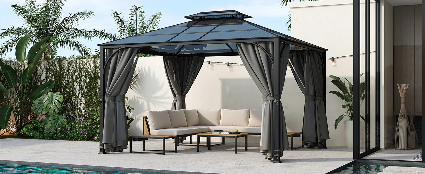 

TREXM 10'x12' Hardtop Outdoor Gazebo, Heavy Duty Double Roof Patio Gazebo with Aluminum Frame, Double-Layer Side Walls Mosquito