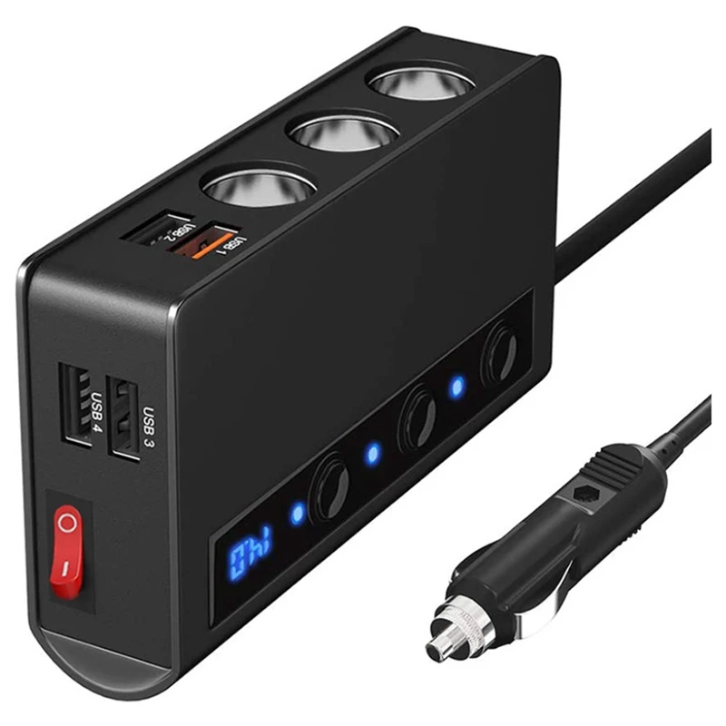 TR24 Quick Charge QC 3.0 -Cigarette Lighter Splitter 12V/24V 3 Socket 180W With 4-Port USB Car Charger ON-OFF Power