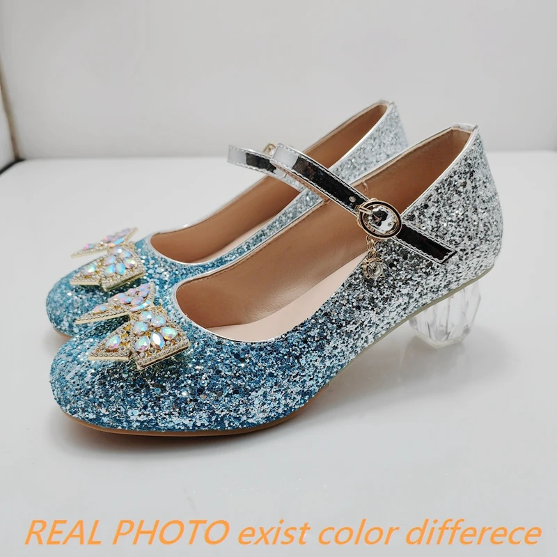 ASILETO Women Wedding Princess Pumps Mary Janes Bow Blue Sequins 5cm Transparent Heel Glitter Colorful Big Small Size 28 43