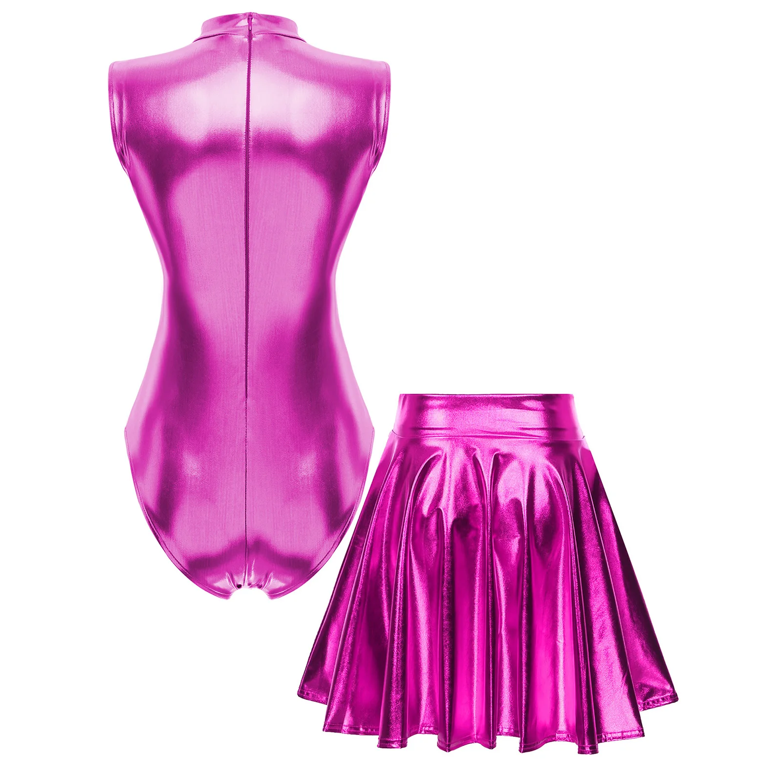 Costume da bagno sexy a due pezzi da donna, costume da spettacolo in discoteca, body metallizzato senza maniche con gonne, costume sportivo da spiaggia