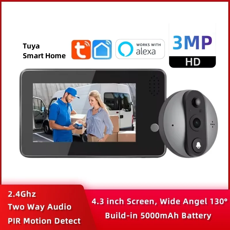 

Tuya Smart Home Wireless Wifi Video Doorbell 4.3inch HD 3MP Ring Bell Security-protection Peephole Door Intercom with Camera