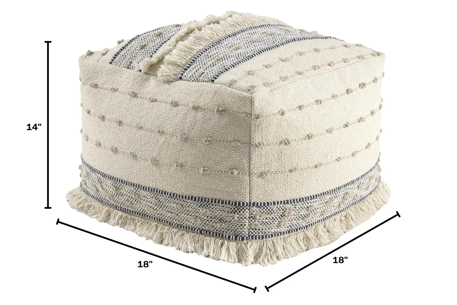 Striped Handmade Cotton Square Pouf, Navy/Ivory Farmhouse Foot Rest for Bedroom & Living Room, 18x18x14 Stuffed Seat, Customized