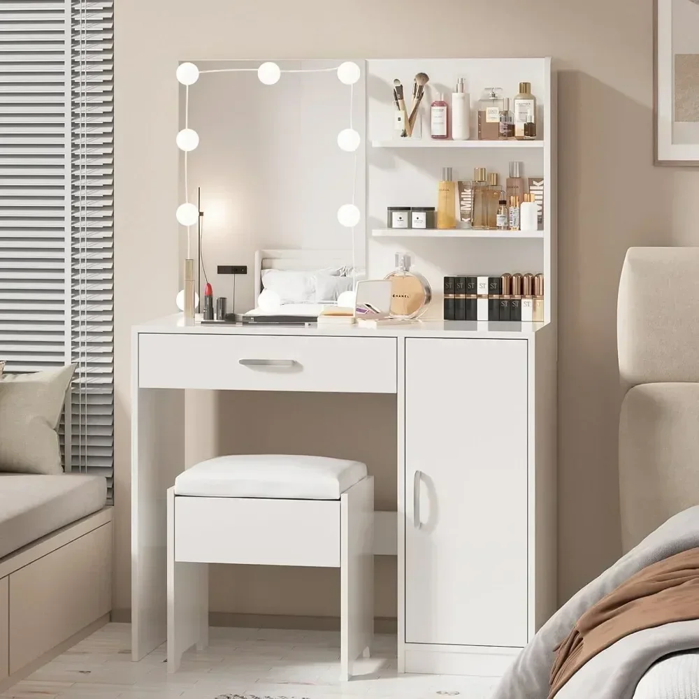 Vanity Desk with Mirror and Lights Set, Large Drawer and Two-Tier Lots Storage Cabinet Dresser, 3 Lighting Modes Adjustable