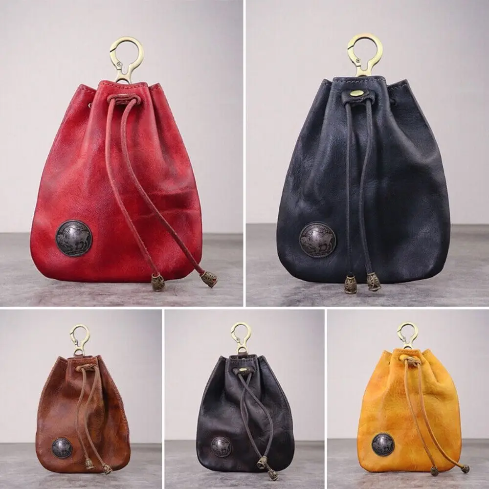 Retro Genuine Leather Coin Purse Pouch Drawstring Wallets Car Key Bag Simple Hanging Bag