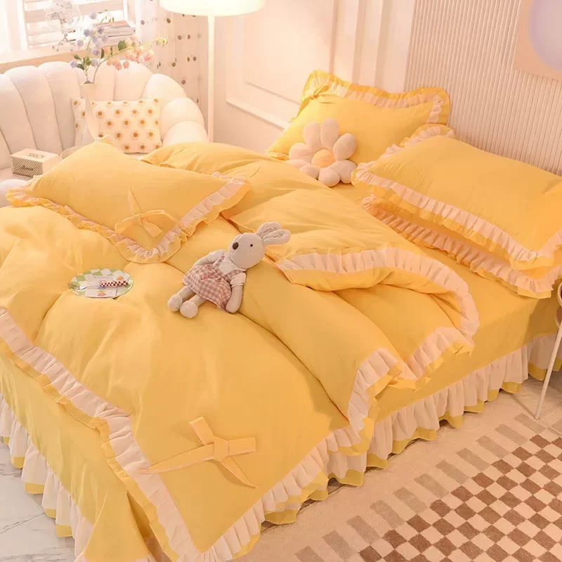 

Girls Bedding Sets Kawaii Seersucker Bed Sheet Pillowcase Fashion Princess Duvet Cover Solid Color 4 Pieces Cute Home Decoration