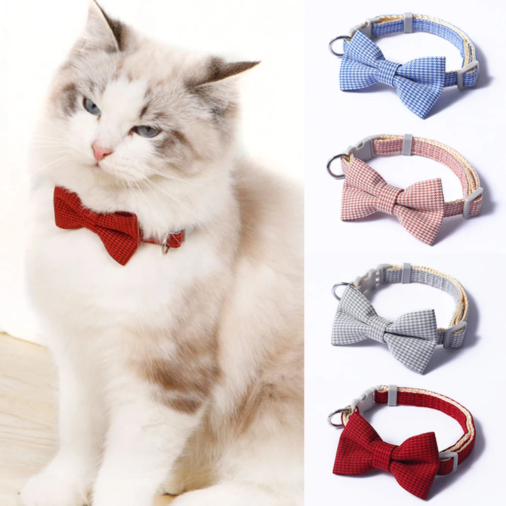 Christmas Plaid Bowknot Cat Collar Bow Tie Safety Buckle Puppy Chihuahua Pet Necklace Elastic Adjustable Dog Collars Pet Collar