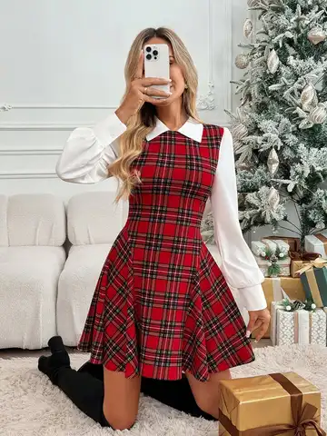 Christmas Red Plaid Print Collared Lantern Sleeve Patchwork A-Line Swing Dress, Casual Loose Elegant Office Lady Style, Autumn