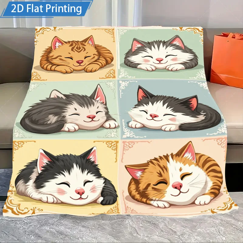 1pc Flannel Blanket Cute Sleeping Cats Print Blanket Soft Cozy Throw for Couch Bed Home Decor 2D Flat Printing