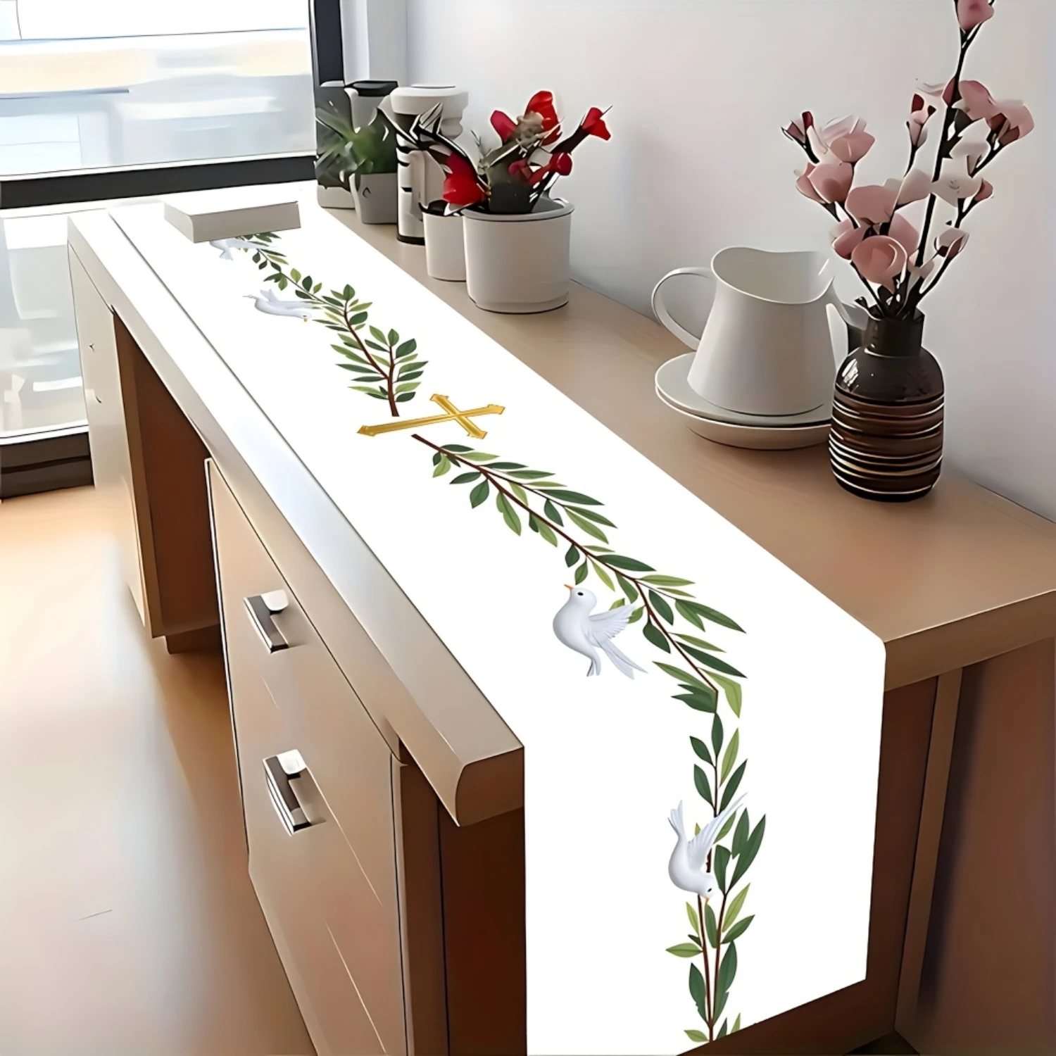 2026 Religious Cross And Dove Print Table Runner, Peaceful Olive Branch Style Decorative Runner For Church Events, Communion And