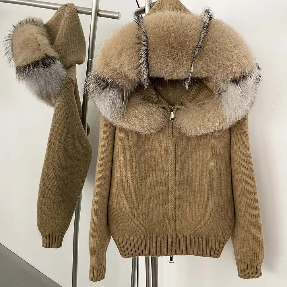 

Women 2025 New Spring Autumn Real Fox Fur Kintwear Hooded Sweater Female Loose Zipper Kintted Jacket Cardigan