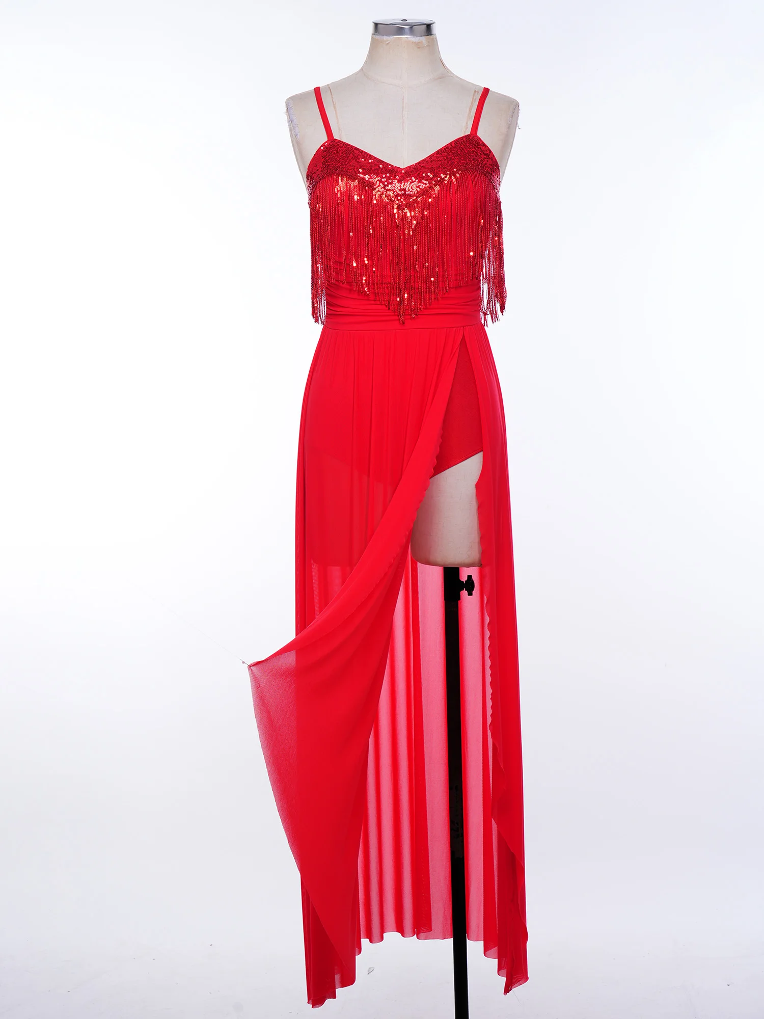 

Women Figure Skating Modern Lyrical Dance Sling Dress Sequin Tassels Ruched Overlay Side Split Skirt Bodysuit Dress Dancewear