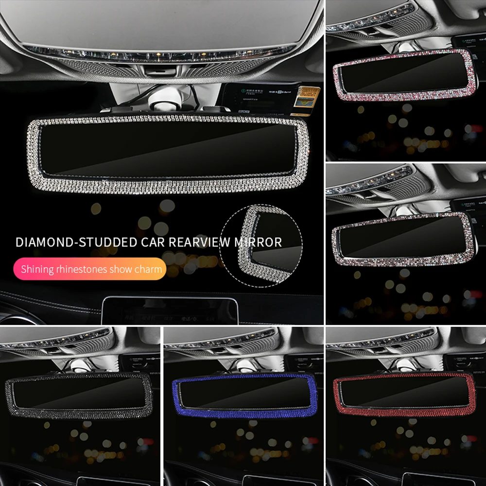 New Rhinestone Car Interior Rearview Mirror Decor Charm Crystal  Diamond Rear View Mirror Cover Bling Car Accessories for Girls