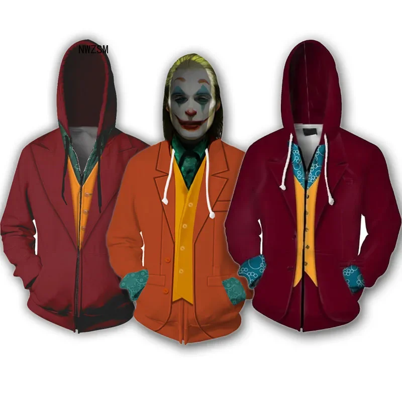 Wholesale Price Movie Joker Arthur Fleck Cosplay Costume Men Women Hoodie Sweatshirt Oversized 3D Printing Zip up Hooded