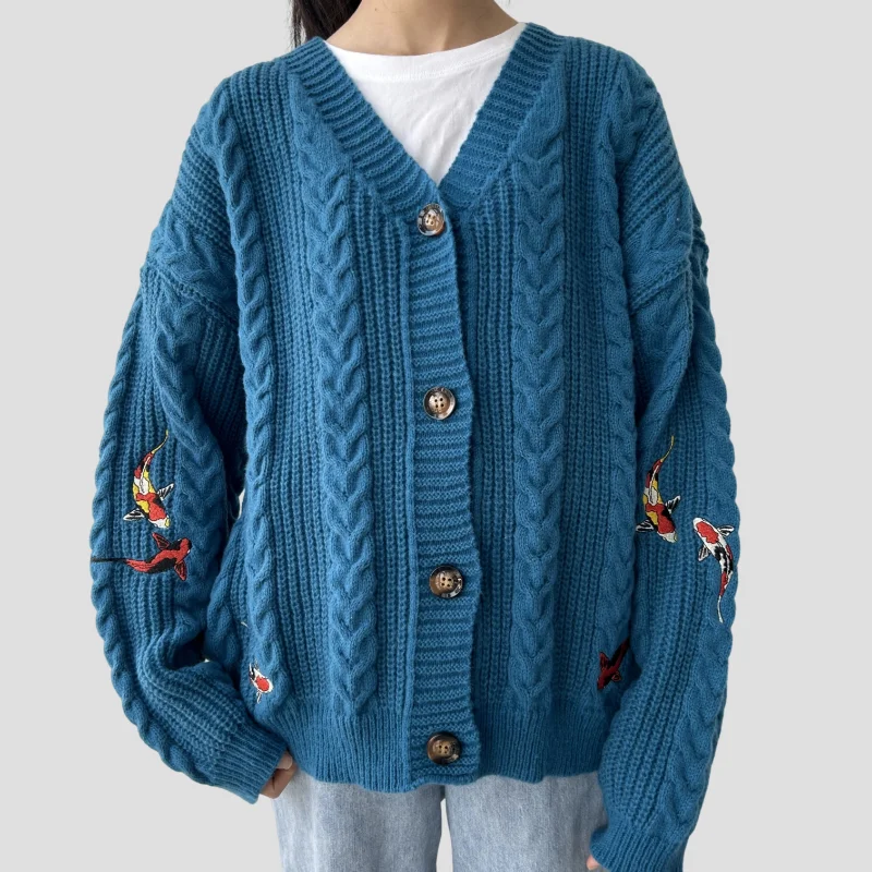 Koi Fish Cardigan Women Vintage Style Koi Carp Embroidery Sweater Female Autumn Winter Turquoise Knitted Cardigans Tops Y2k Girl