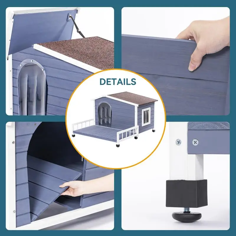 منزل كلب خشبي كبير للاستخدام الداخلي والخارجي مع تراس، وسقف مقاوم للماء، وأرضية مرتفعة، ونوافذ، وستائر الأبواب