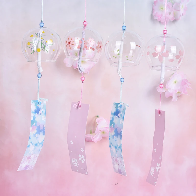 1PC Sakura Wind Chimes Kawaii Room Decor Japanese Glass Bell Hanging Craft Furin Cherry Blossom Pendant Decoration