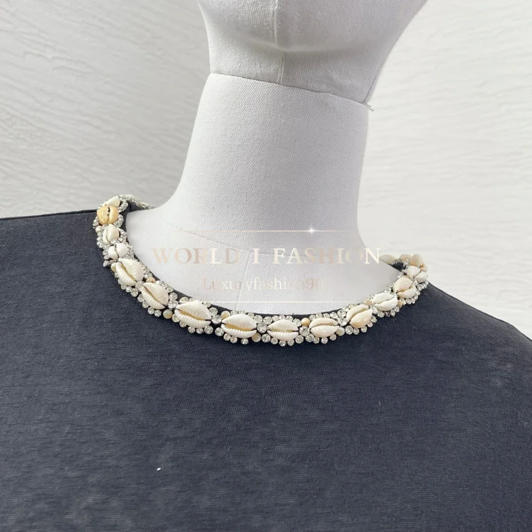 

2025 New High Quality Black Beading Short Sleeve T Shirt Blouse Tops