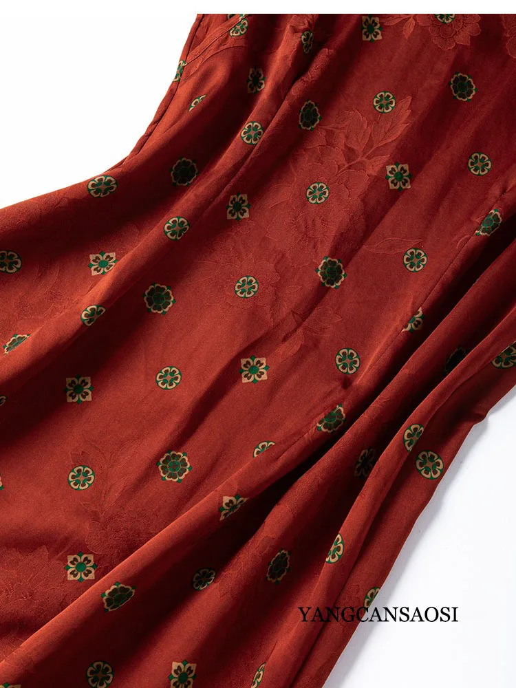 여성 패션 의류 우아한 다크 레드 100% 천연 뽕나무 실크 갬비어드 광둥 거즈 스탠드 칼라 슬림 핏 드레스