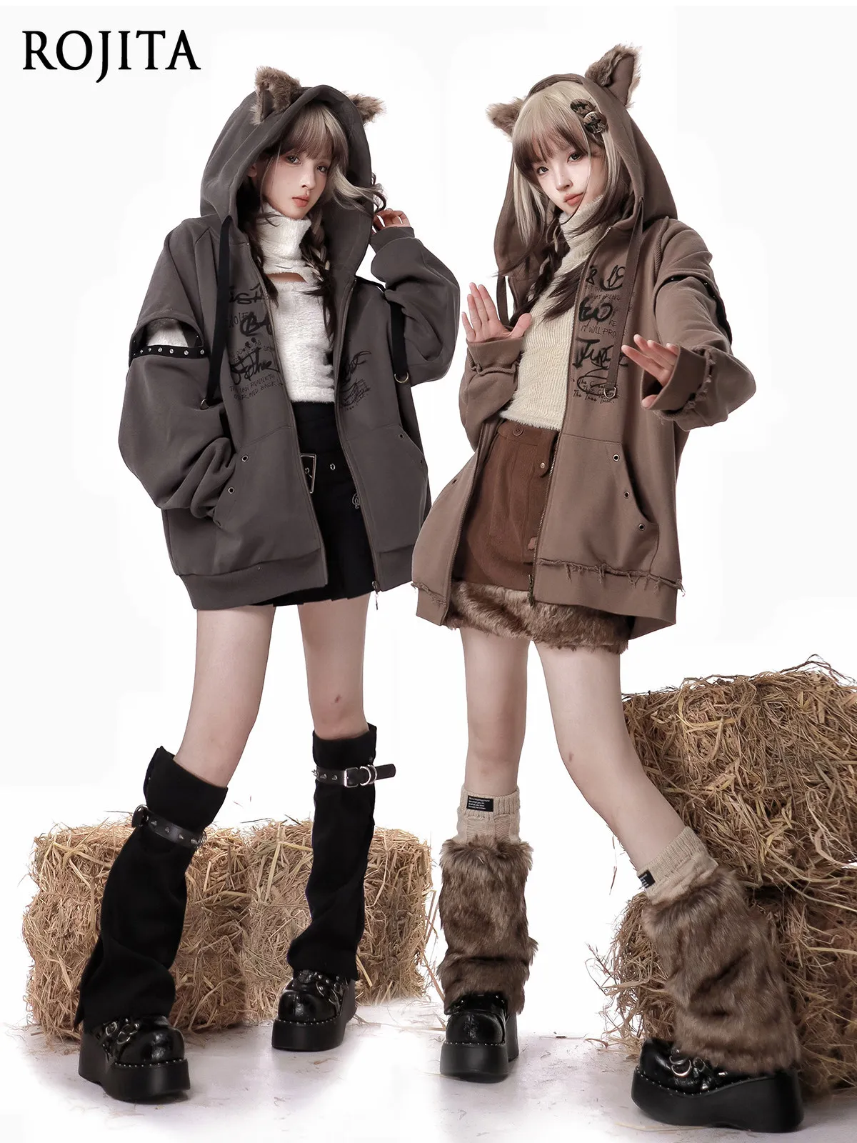 Plush Wolf Ear Graffiti Print Loose Hooded Thickened Sweatshirt Jacket for Couples Zip Up Hoodie Streetwear Women