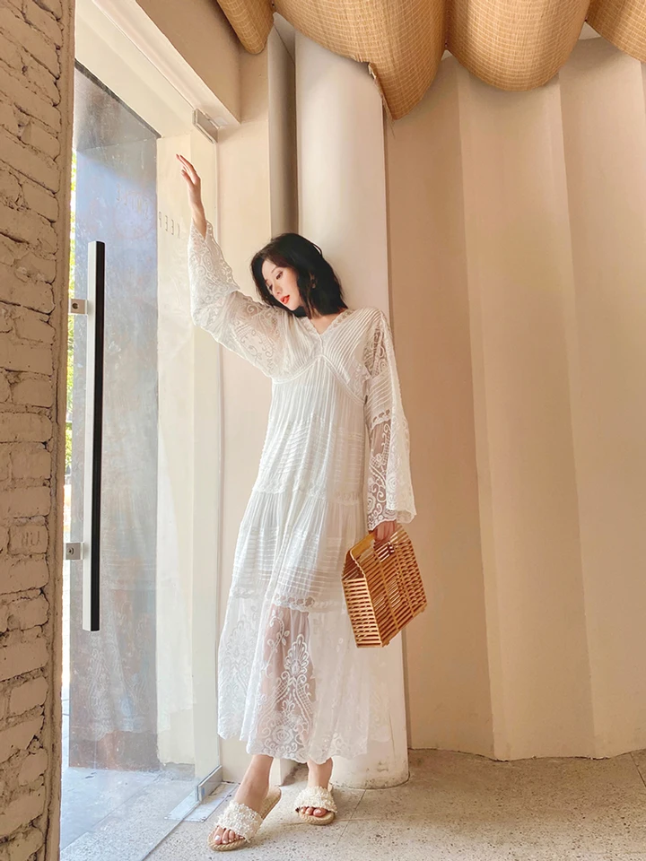 GypsyLady Elegant Lace White Maxi Dress Floral Summer Spring Cotton Fairy  V-Neck Long Flare Sleeve Holiday Ladies Female Dresses - AliExpress  200000345