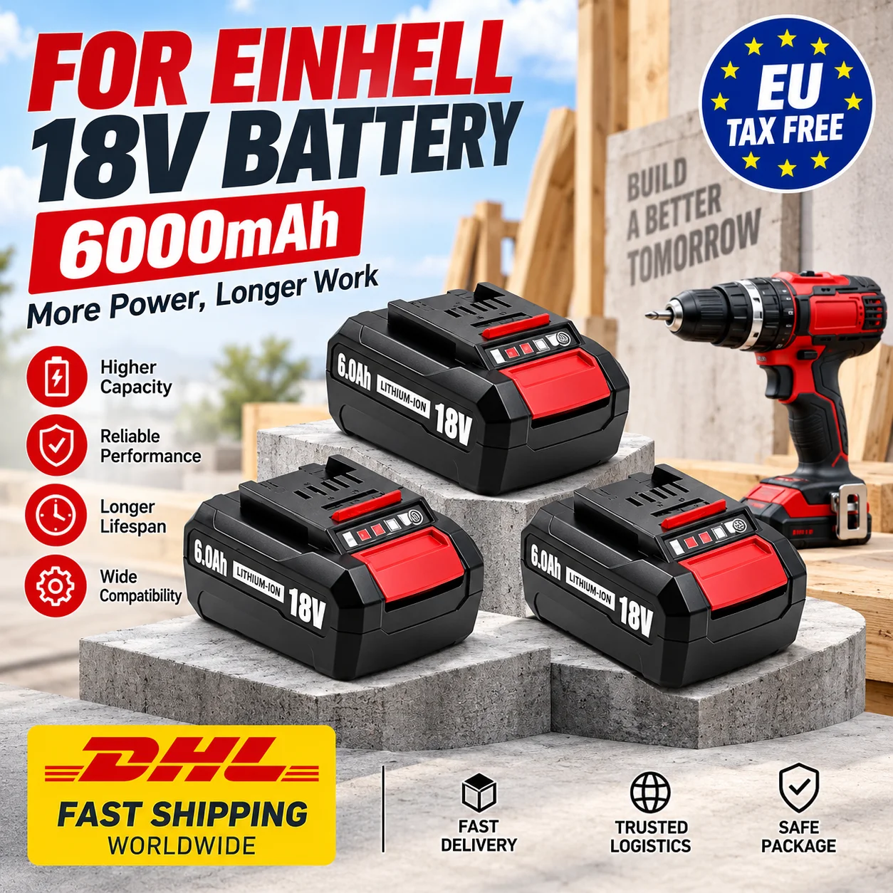Ersatz-Li-Ionen-Akku 18V 6,0Ah passend für Einhell Power X‑Change PXBP‑600 PX‑BAT52 4511396 4511437 neu Akku-Werkzeuge