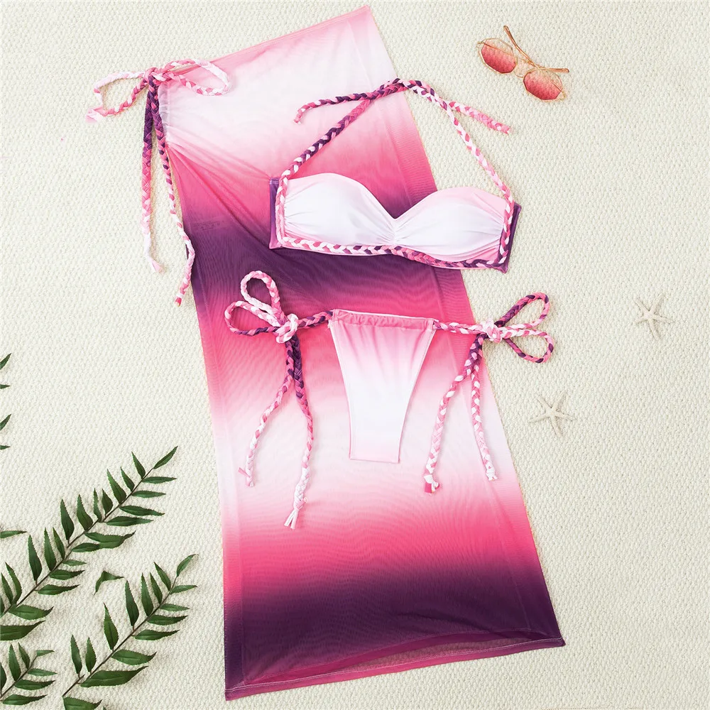 مثير الوردي التدرج تجديل حبل البيكينيات مجموعات 3 قطع ملابس السباحة التنانير التستر مايكرو ثونغ ملابس السباحة النساء 2026 بحر بيكيني #1