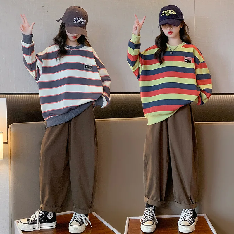 2024 Korean New Spring Autumn Children Girl Tracksuit Elementary Girl Striped Sweatshirt+Straight Pants School girl sport suit