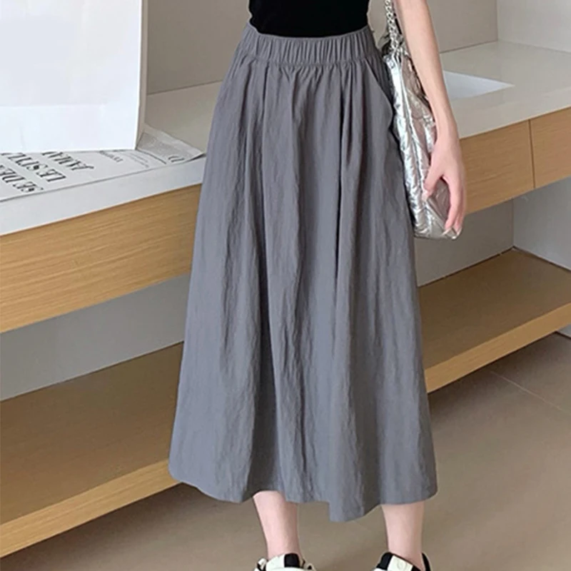 Vintage Folds Women Long Skirts Summer Thin Elastic High Waist Pockets Pleated Skirt 2025 Casual All-Match A-Line Solid Skirts