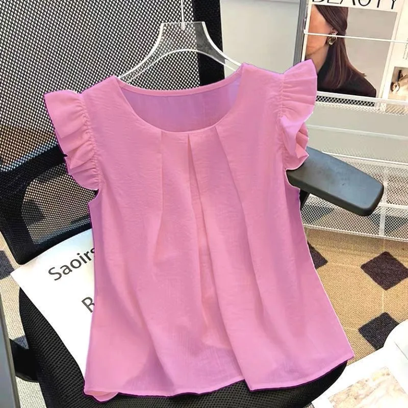 

Elegant Loose Women's Shirt Summer 2026 New Style Commute Sweetened Slimming Breathable Polyester Short Sleeve round Neck