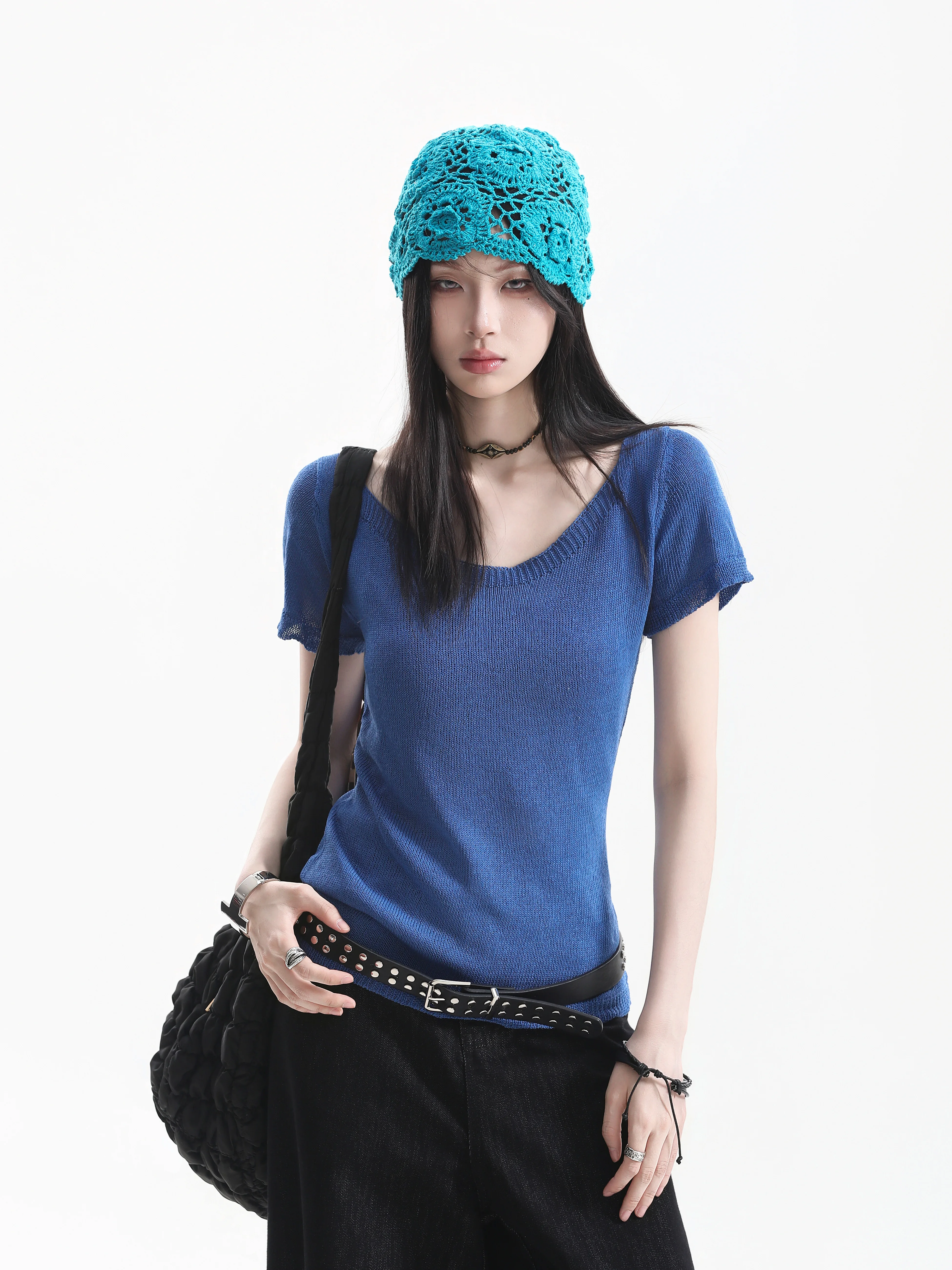 Low round Neck Breathable Knitted Short Sleeve T-Shirt Korean Style Summer Atmosphere Spicy Girl Pure Desire Casual Fit Ladie...