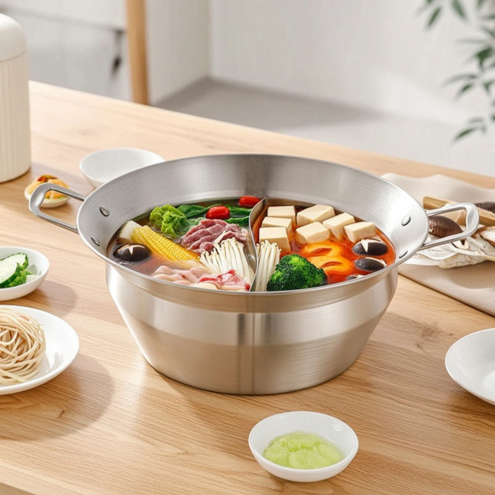 Olla caliente de dos compartimentos de acero inoxidable con divisor, apta para alimentos, resistente, para familias y cenas.