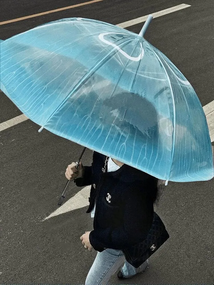 2024 New Transparent Thiened Women's Umbrella Long Handle Anti-Wind Sea Moon Jellyfi Design High Aesthetic Value Rain Umb...