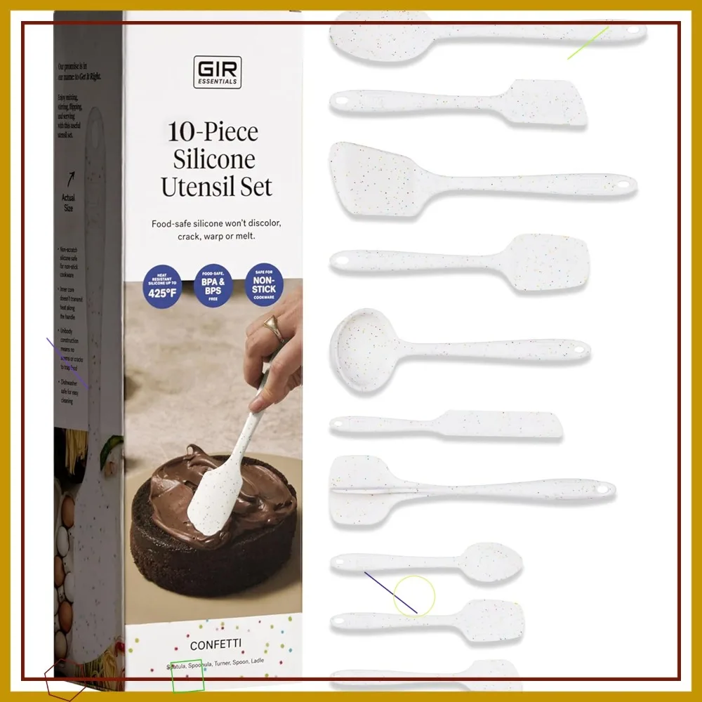 

10-Piece Silicone Kitchen Utensil Set - Ladle, Spatula, Spoon & More for Nonstick Cookware, Cooking and Baking - Confetti Design